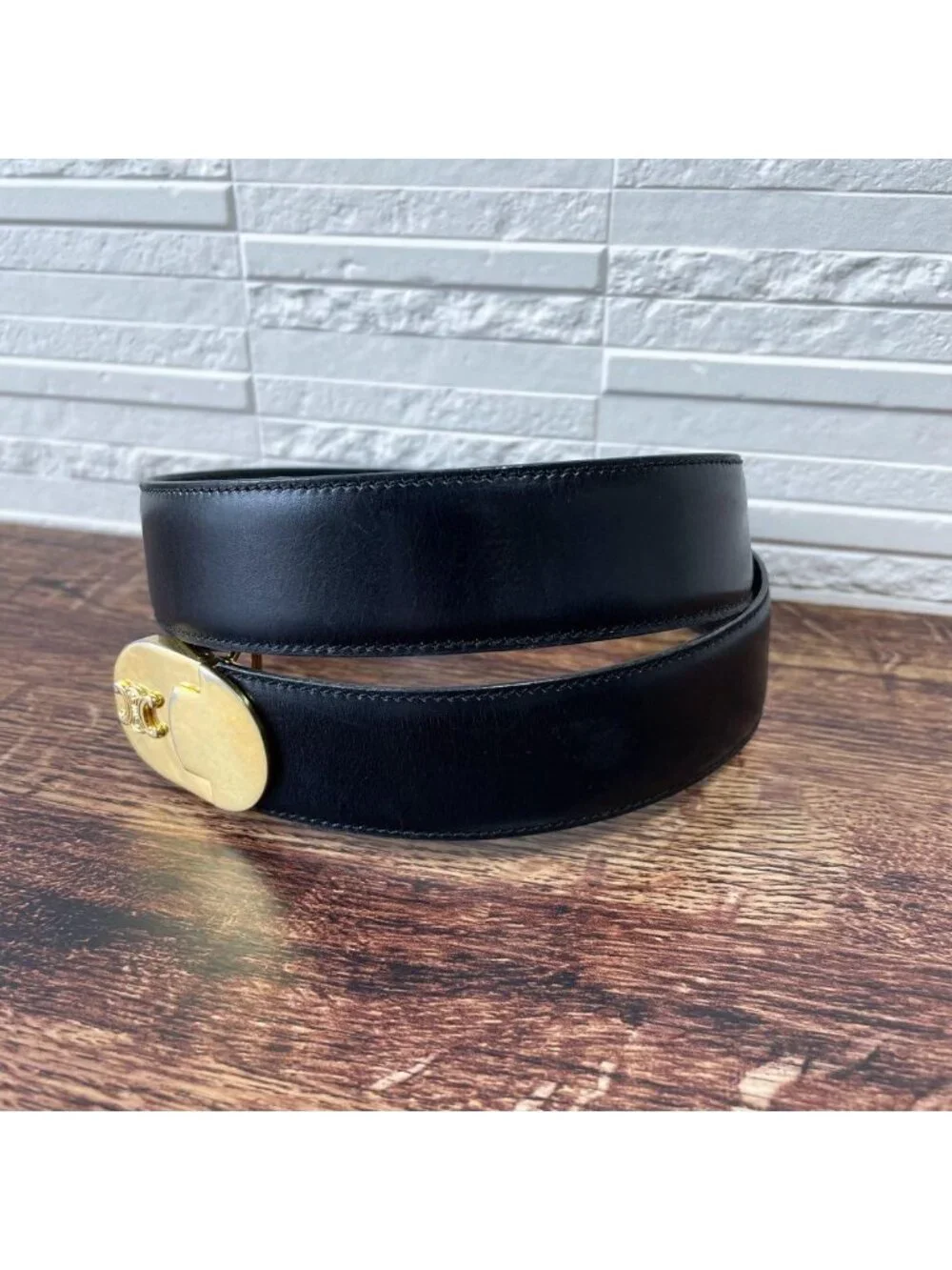 Celine Leather Triomphe Logo Buckle Belt Black